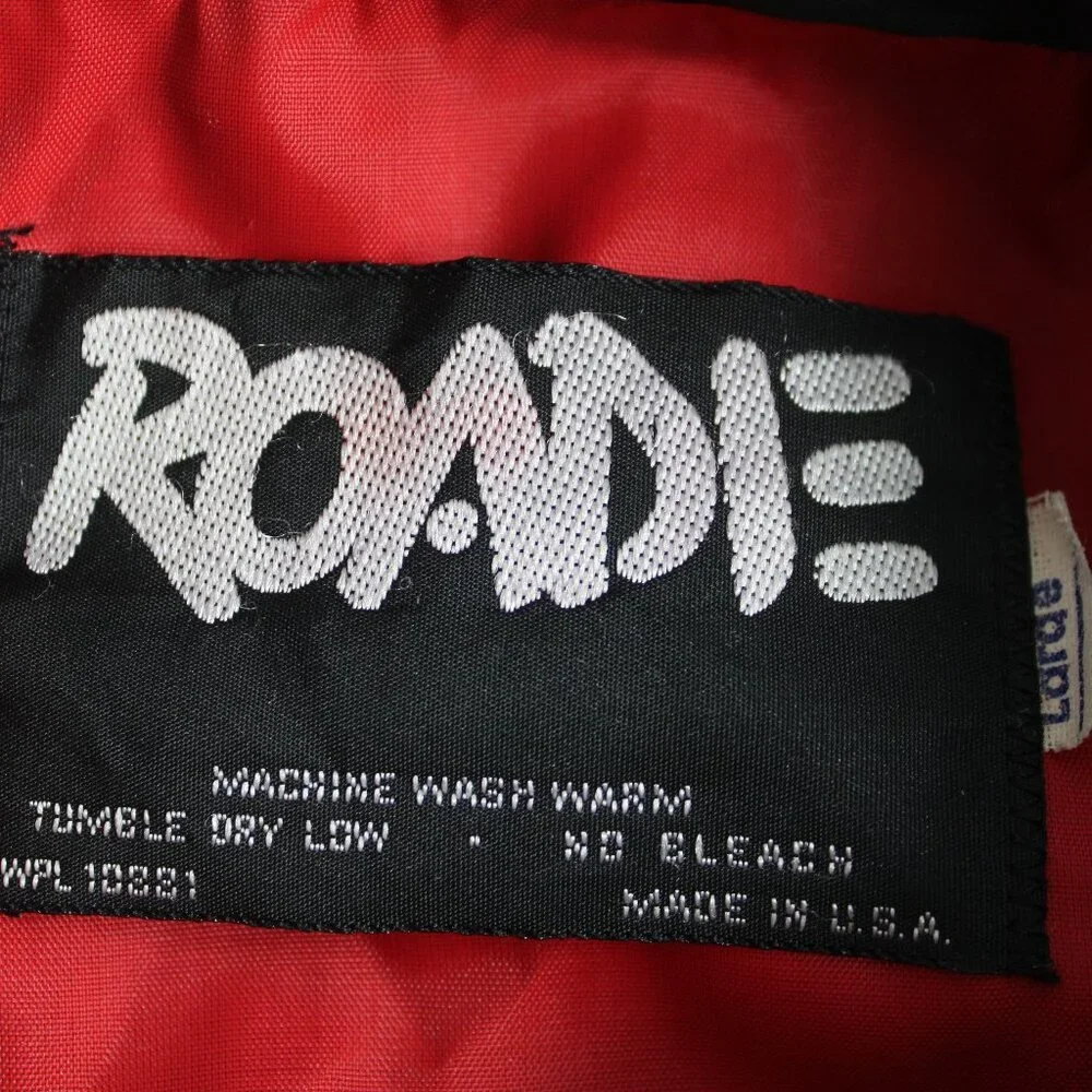 Vintage 80’s Roadie Rolling Stones Bomber Jacket Black Satin Tongue Logo Rocker